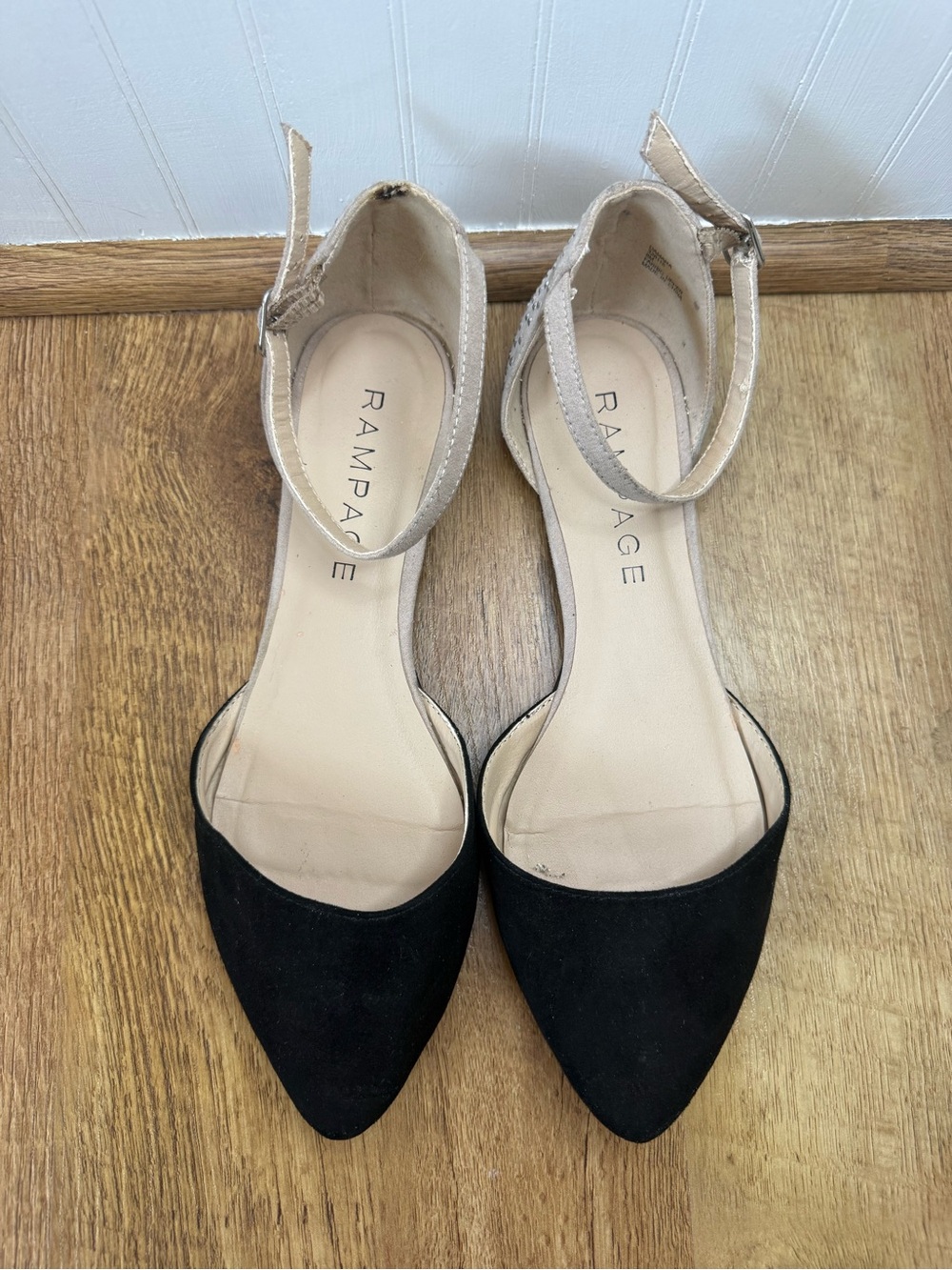 Rampage Black Pointed Toe Ankle Strap Flats with Tan Anklet